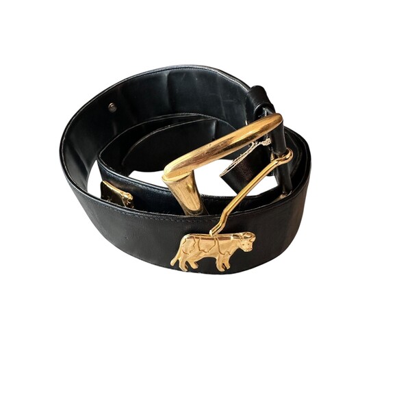 Vintage 80s Whimsical Cow Charm Belt - Black Faux Leather Western Waist Belt main image 9